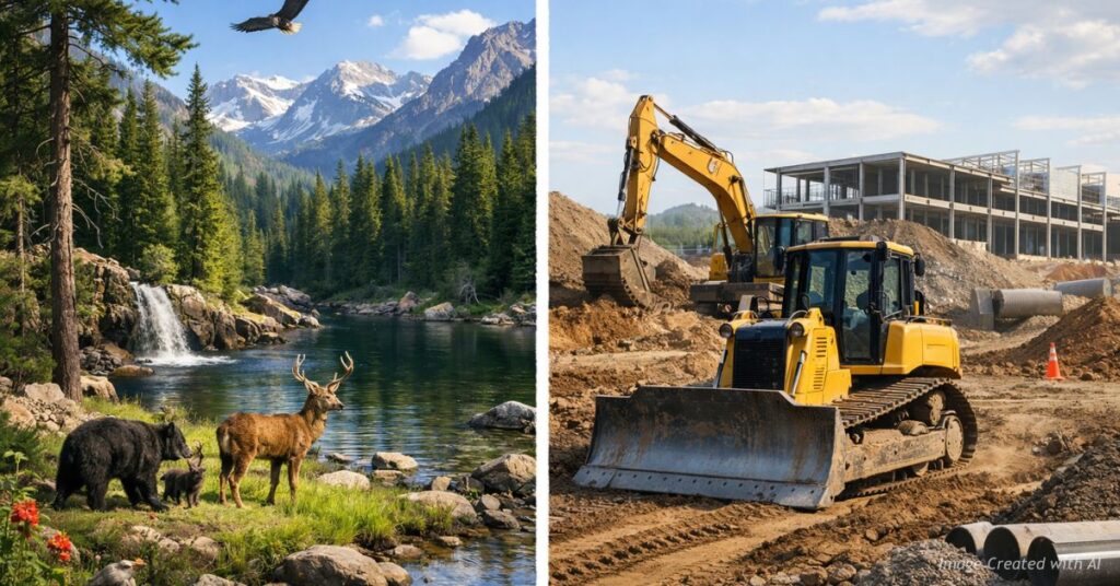 Split image of forest and construction site representing biodiversity trade-offs