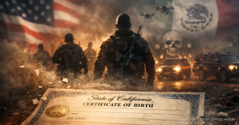 Birth certificate dissolves into cartel scene symbolizing citizenship and crime connection
