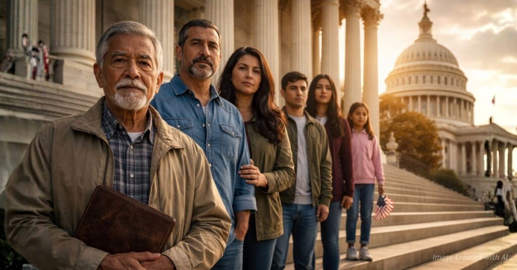 Multigenerational immigrant family stands on U.S. Capitol steps symbolizing the birthright citizenship debate.