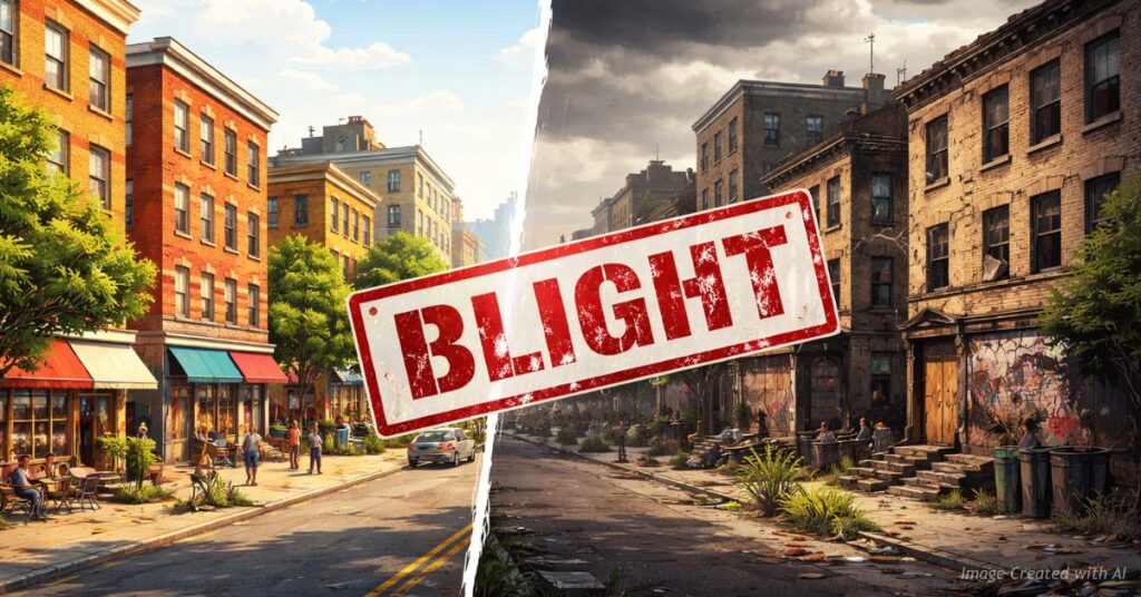 Urban buildings stamped with “blight” symbolizing redevelopment policy debates
