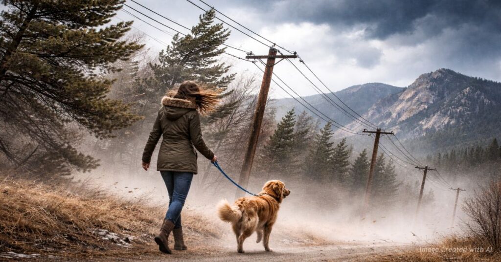 Woman walking her dog in strong winds near overhead power lines in the Boulder foothills during a late winter windstorm.