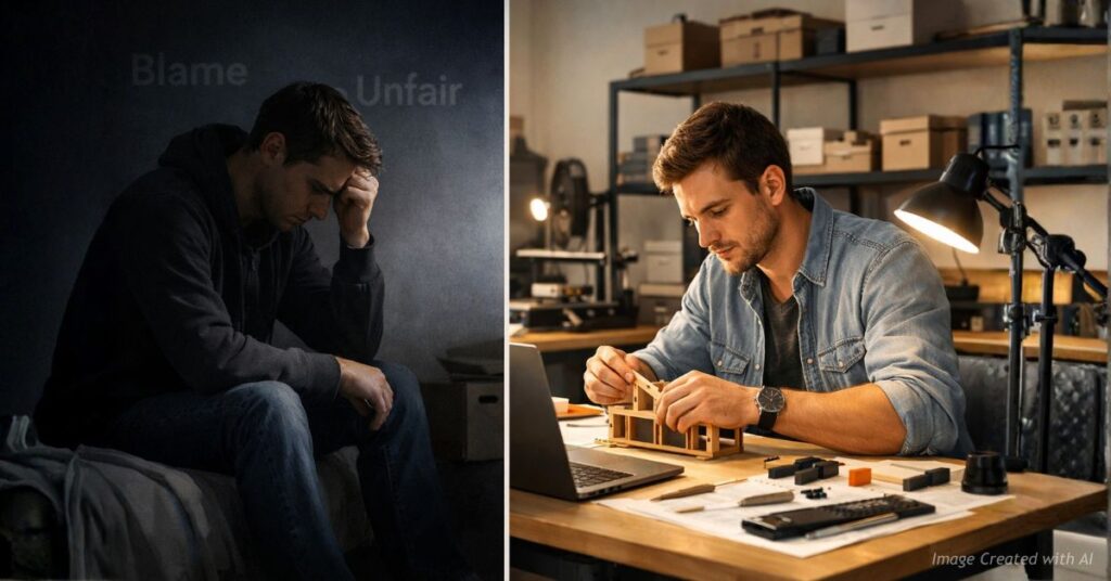 Split image showing frustration vs productivity in capitalism debate