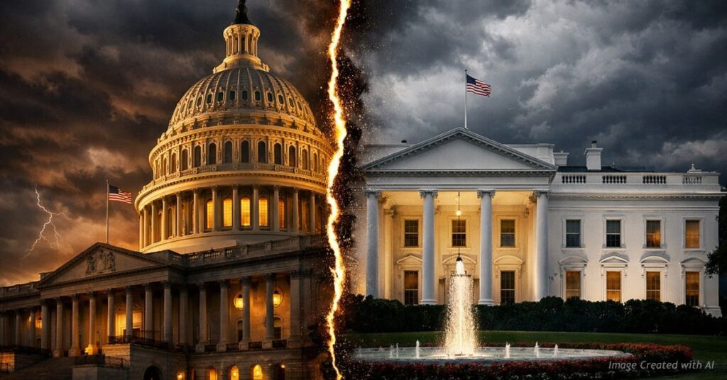 Split image of Capitol and White House representing election power struggle
