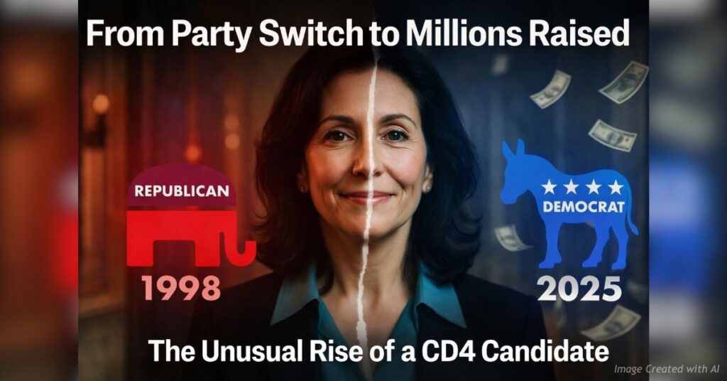 Split image showing candidate party shift from Republican to Democrat alongside rising campaign funds