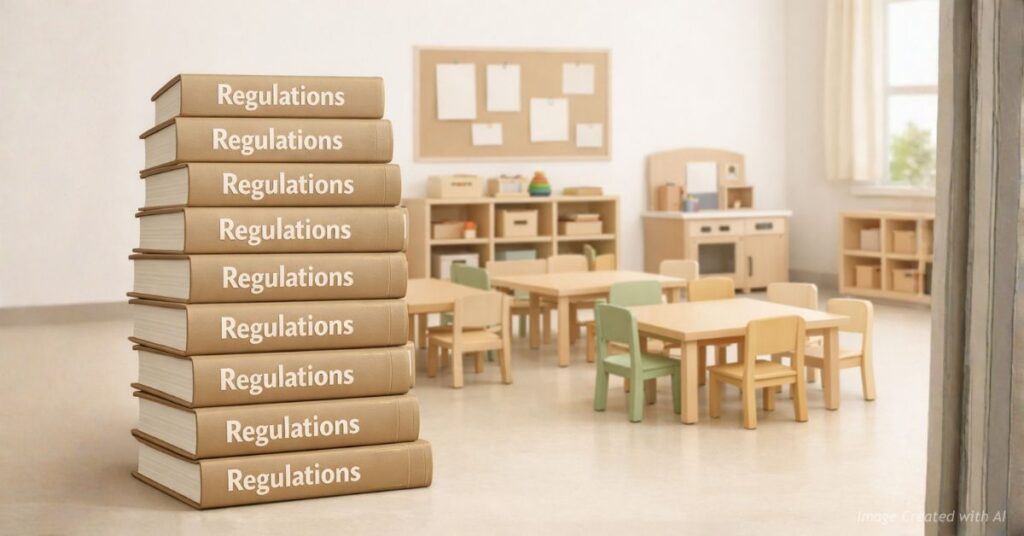 Empty daycare classroom beside stacked regulation books symbolizing policy burden debate