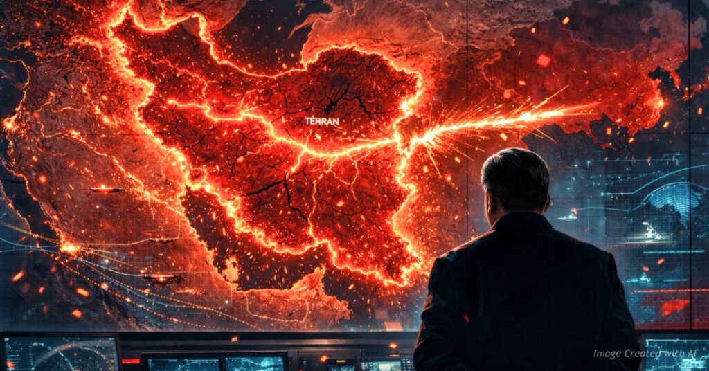 Cracked Iran map and broken alliance line to Beijing symbolize collapse of China’s Middle East strategy.