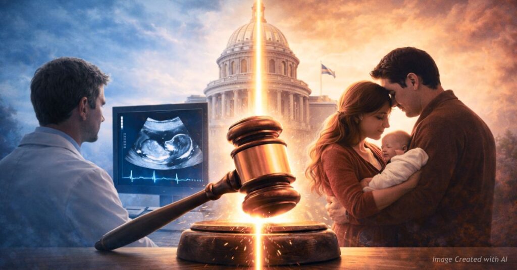 Illustration showing a judge’s gavel splitting a scene between an ultrasound exam and a couple holding a newborn baby with the Colorado Capitol in the background.