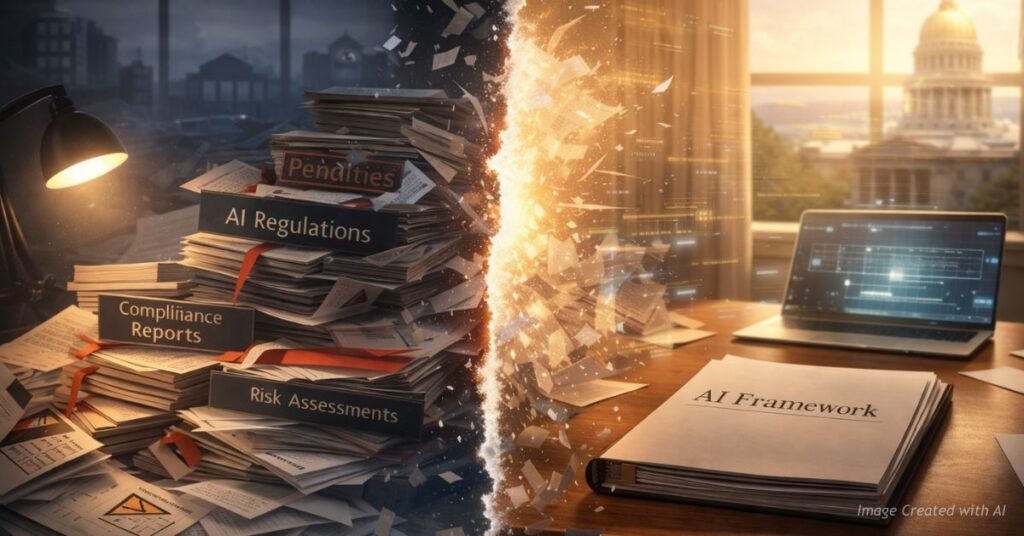 Split image showing burdensome AI regulations turning into a streamlined framework with Colorado Capitol in background