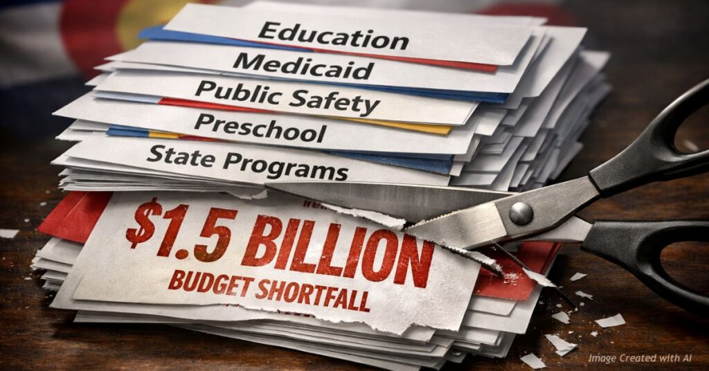 Scissors cutting stacked Colorado budget documents over $1.5 billion shortfall