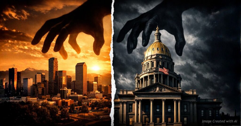 Split image of Denver skyline and Capitol symbolizing political control debate
