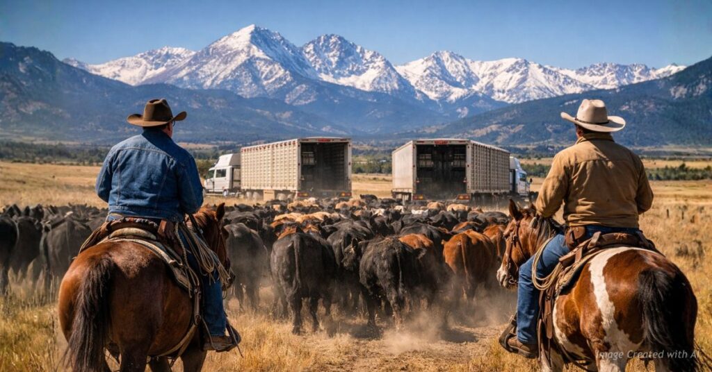 Cowboys drive cattle toward semitrailers on a Colorado ranch with Rocky Mountains behind