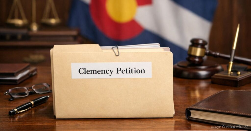Folder labeled clemency petition on a governor’s desk.