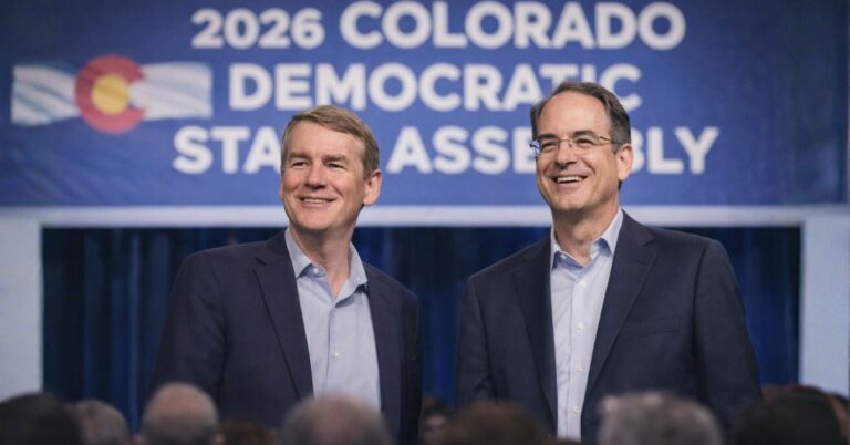 Colorado Democratic candidates stand on stage at the 2026 state assembly in Pueblo