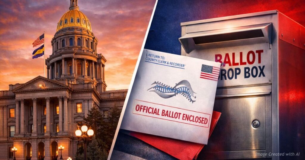 Colorado Capitol and ballot envelope representing election law debate