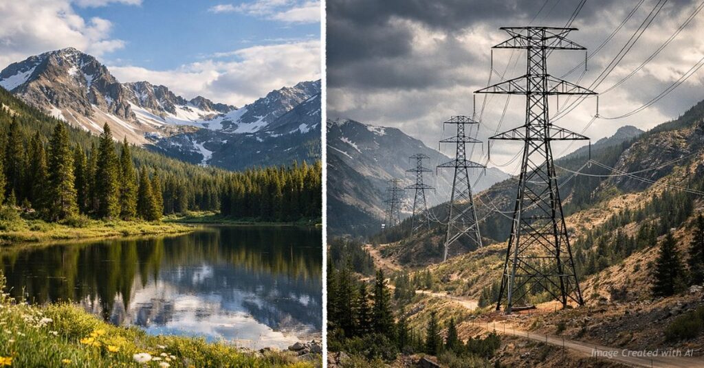 Transmission lines crossing Colorado landscape symbolizing energy policy debate
