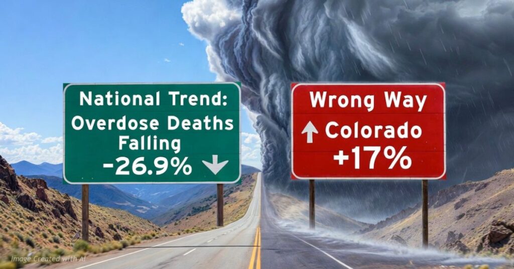 Split highway image showing national overdose deaths falling 26.9% while Colorado fentanyl deaths rise 17%
