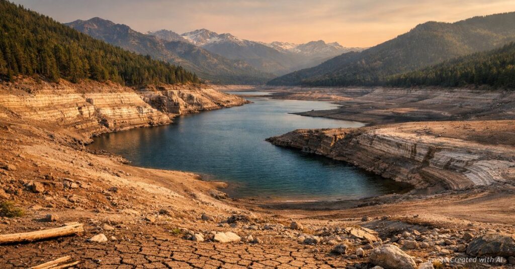 Dry reservoir with visible drought effects.Shrinking Colorado reservoir with exposed lakebed and drought bathtub rings