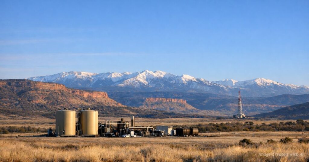 Oil and gas production site with distant drilling rig in Garfield County Colorado