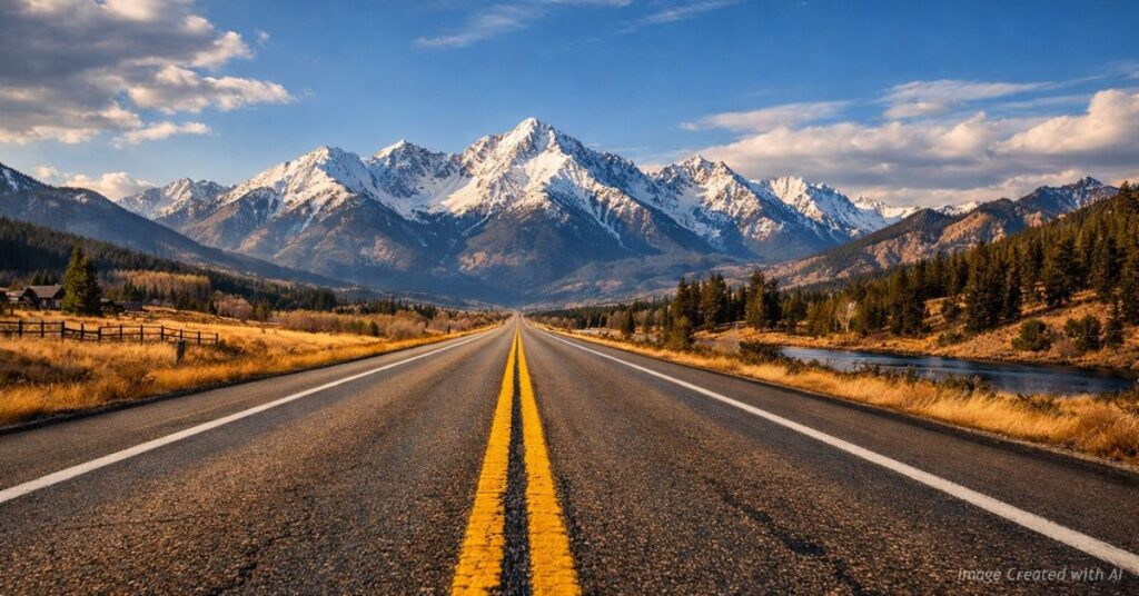 Colorado highway leading toward Rocky Mountains symbolizing debate over road funding.