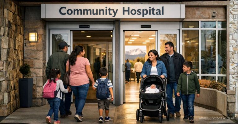 Families enter and exit Colorado hospital as pregnant woman arrives and newborn leaves in stroller