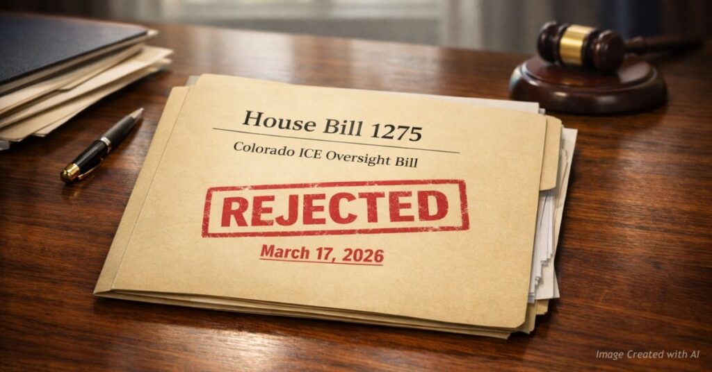 Folder labeled House Bill 1275 Colorado ICE Oversight Bill stamped rejected March 17 2026 on desk