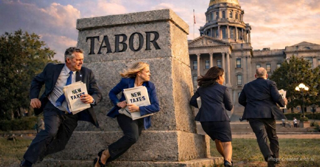 Lawmakers carrying new tax bills run around a TABOR monument outside the Colorado Capitol.