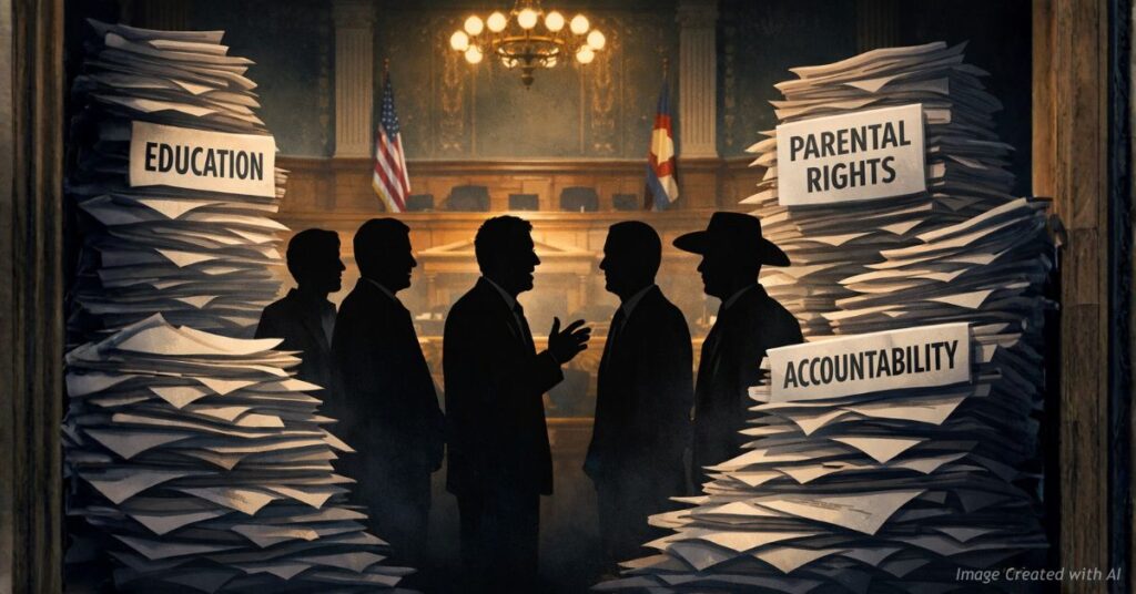 Silhouetted lawmakers surrounded by conflicting policy documents
