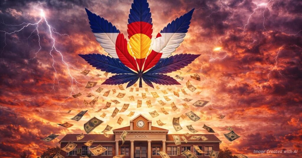 Colorado flag cannabis leaf over school with falling money symbolizing marijuana tax funding for education
