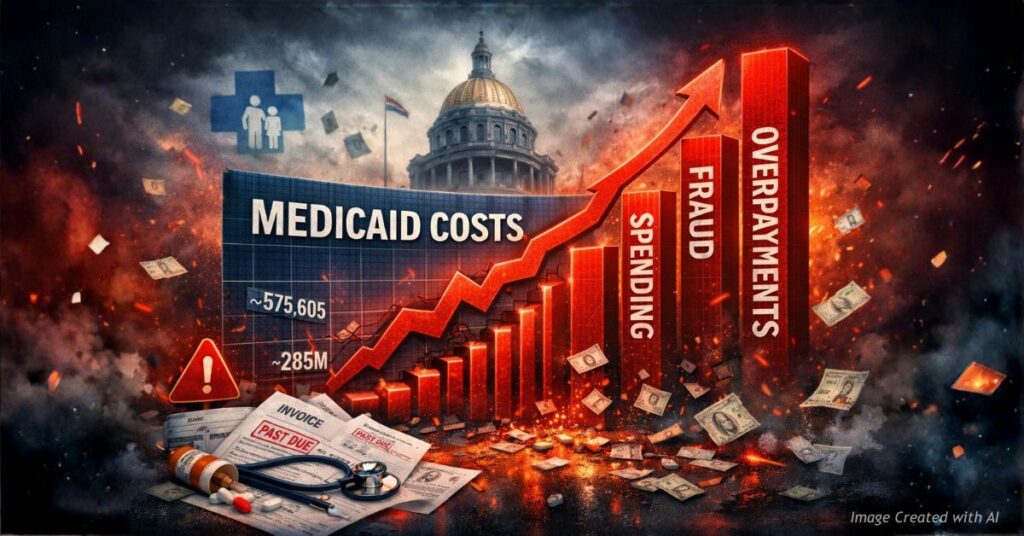 Exploding Medicaid cost chart with healthcare symbols showing Colorado budget crisis