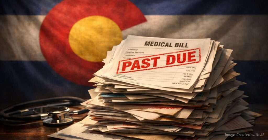 Stack of overdue medical bills against Colorado flag representing rising healthcare costs