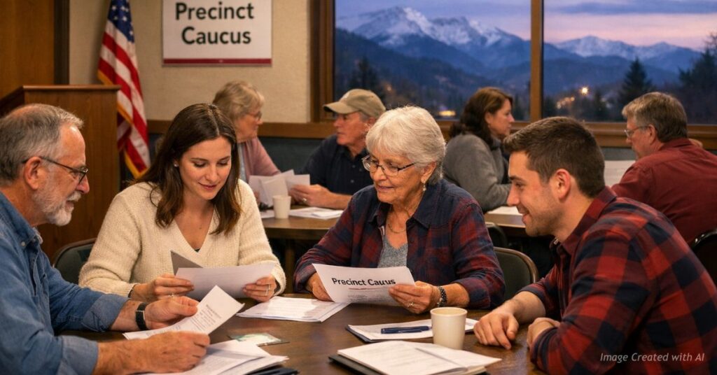 Colorado residents meet in a community center for a precinct caucus discussion.