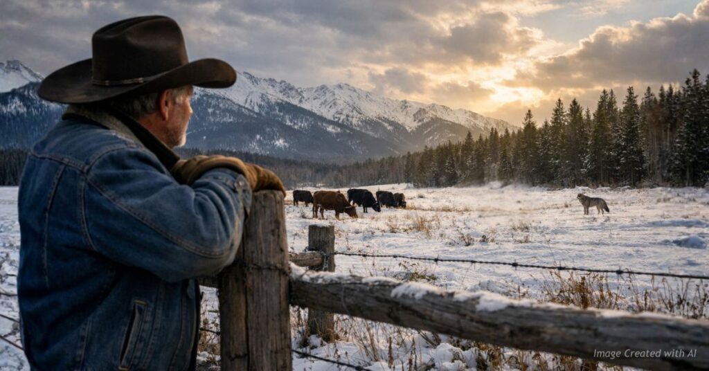 Rancher observing cattle in snowy landscape.Colorado rancher leaning on fence watching a gray wolf across a snowy cattle pasture in North Park.