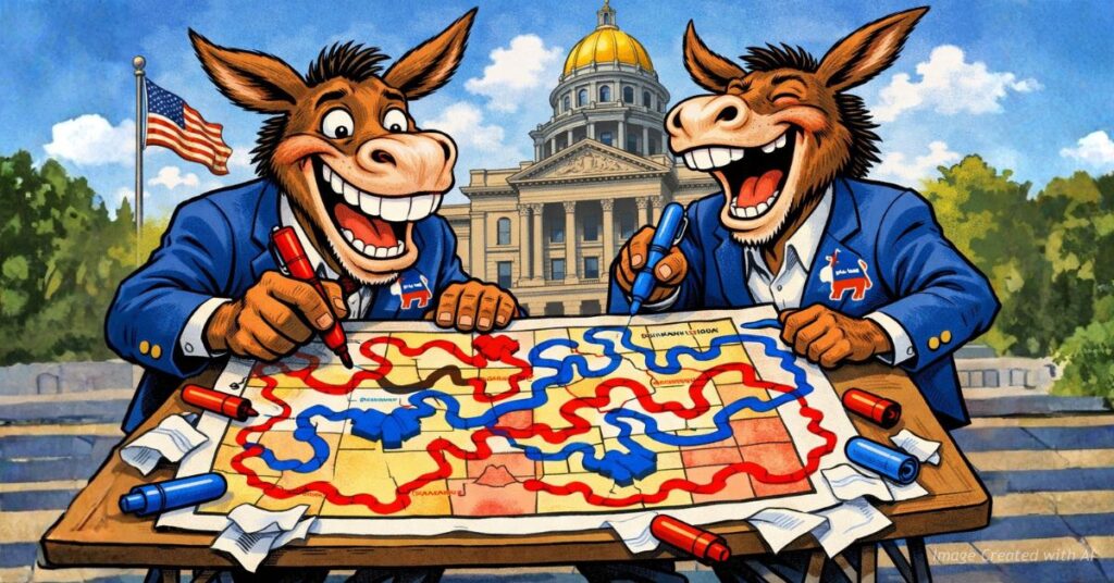 Cartoon donkeys in blue jackets laugh while redrawing Colorado congressional districts on a map outside the State Capitol.