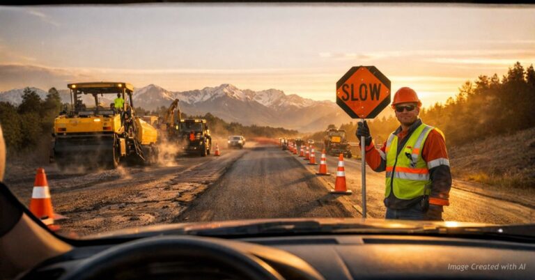 Driver perspective through Colorado road construction zone with flagger and paving crew