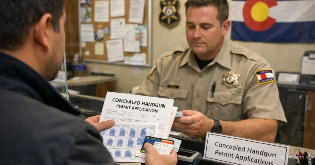 Colorado resident submitting concealed handgun permit paperwork to sheriff’s deputy.
