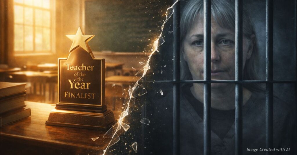 Split image of teacher award and prison bars with faded mugshot showing fall from honor to conviction