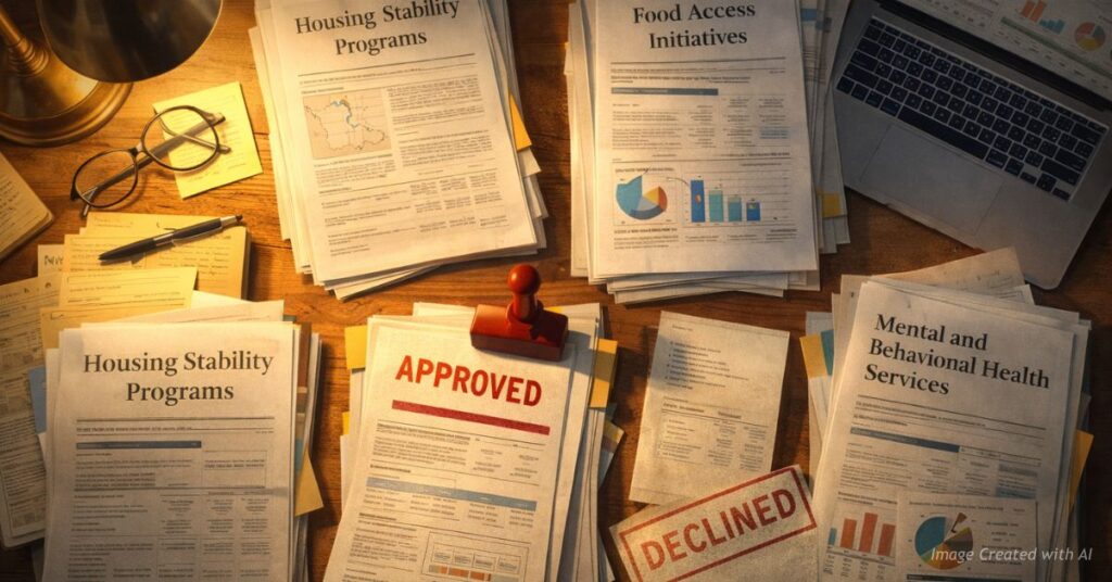 Illustration of nonprofit grant applications being reviewed with approved and declined stamps.