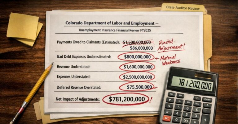 Audit document showing billion dollar accounting errors in Colorado unemployment insurance program.