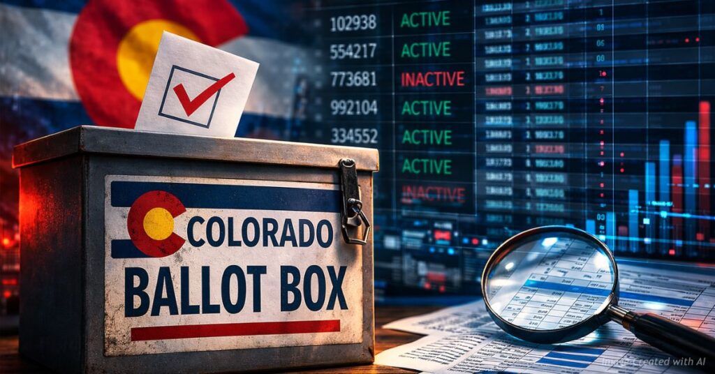 Colorado ballot box with digital voter record data representing election transparency debate