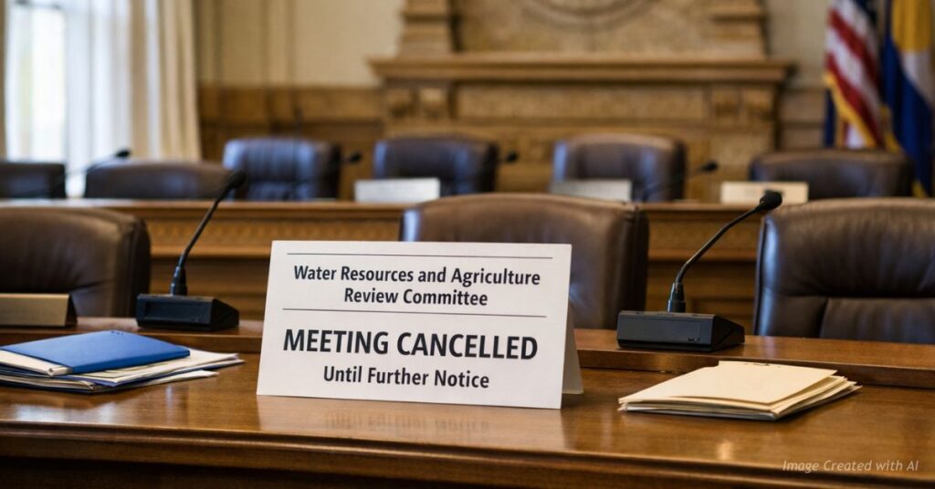 Empty Colorado Capitol committee room with sign canceling the Water Resources and Agriculture Review Committee meeting.