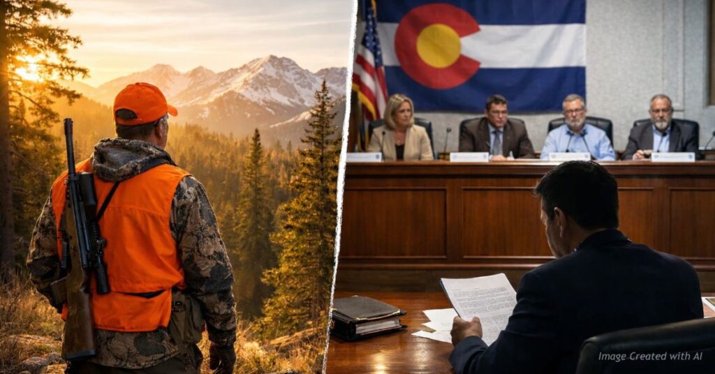 Hunter in Colorado forest contrasted with formal wildlife commission meeting room