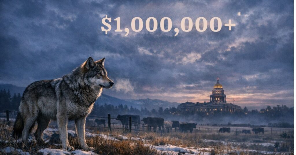 Gray wolf in Colorado pasture at twilight with faint financial figures showing claims topping one million dollars.