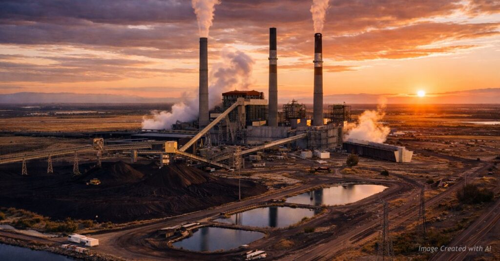 Comanche Generating Station coal power plant in Pueblo Colorado at sunset.