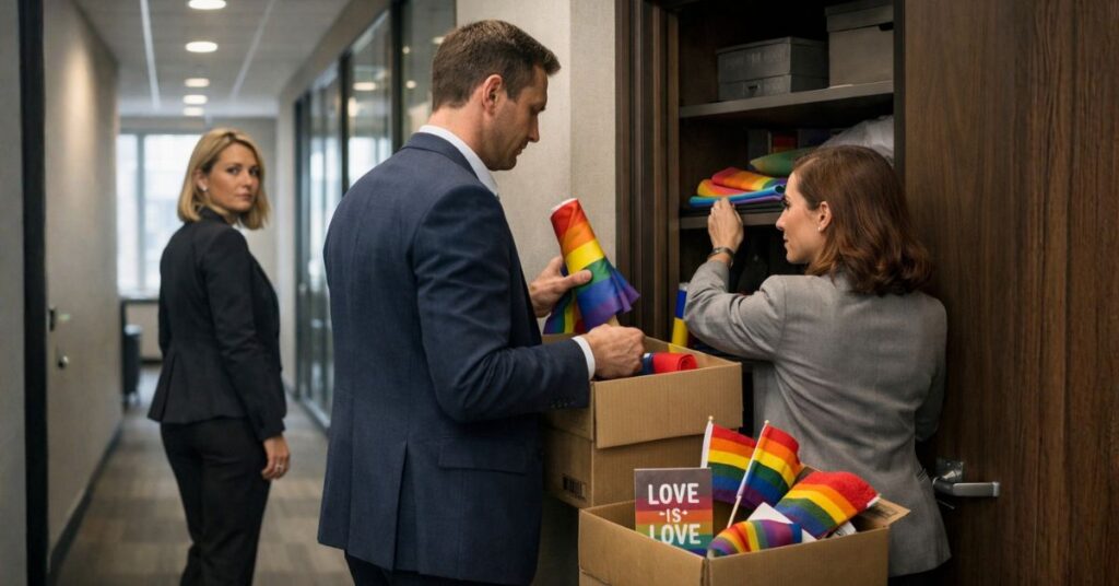 Office workers pack away pride flags while colleague looks back curiously in corporate hallway