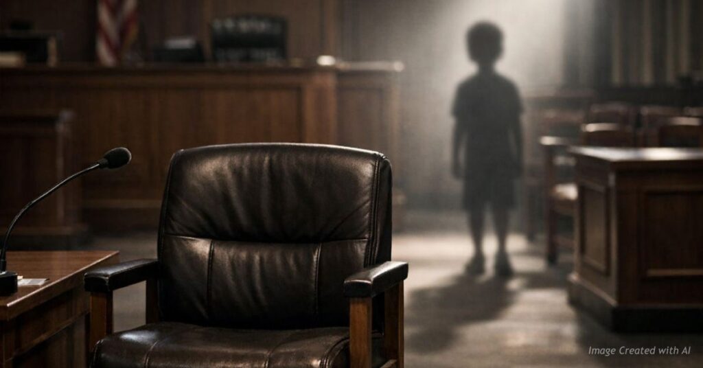 Empty courtroom chair with child silhouette highlighting justice gap