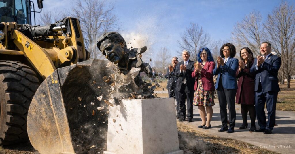 Statue being toppled, lawmakers applauding.Loader toppling Chavez bust as officials applaud in Denver park