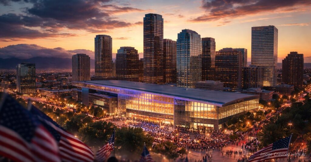 Composite image linking Denver’s 2008 convention with a potential 2028 return.