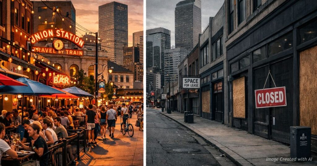 Split image showing busy Denver past vs empty downtown present