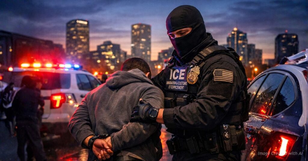 Masked federal officer making an arrest in Denver amid city ban controversy