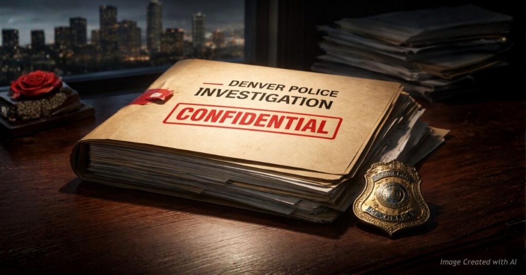 Confidential Denver police investigation file with badge and city skyline.